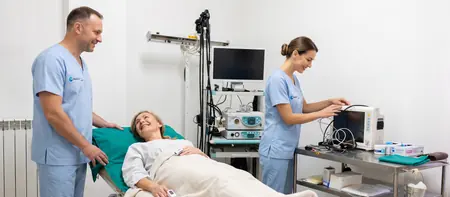 Patient being prepared for gastroscopy and colonoscopy under anesthesia at Medical Time hospital in Belgrade