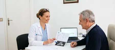 Нефролог разбирает с пациентом анализы креатинина и мочи в больнице Medical Time в Белграде