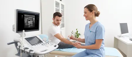 Doctor scanning a lump on a patient's forearm with ultrasound at Medical Time hospital in Belgrade